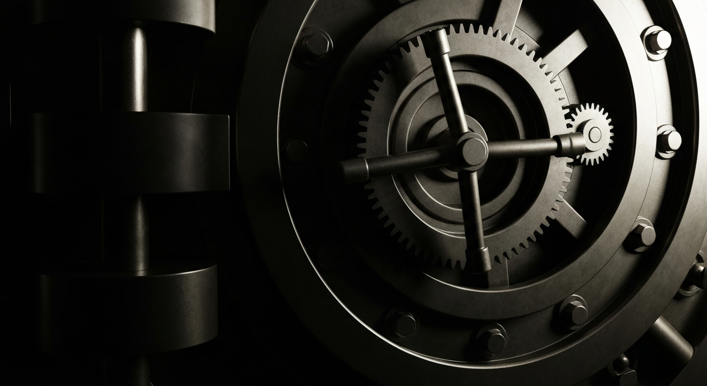 An extreme close-up of the heavy, industrial machinery and mechanisms of a large bank vault door, with dramatic shadows and highlights emphasizing the complex, secure nature of financial institutions.