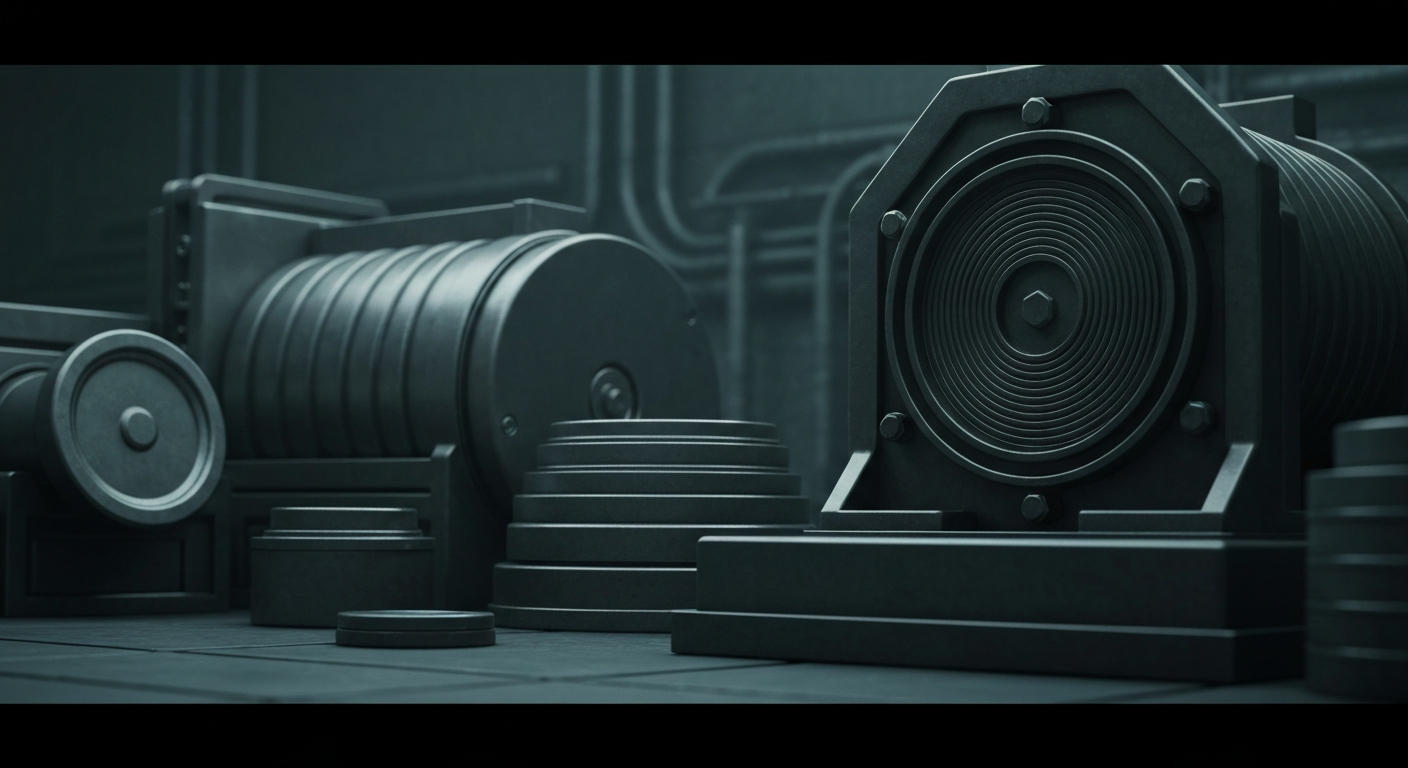 An extreme close-up of various gears, levers, and metal components of an industrial banking machine, conveying a sense of the secure, powerful infrastructure underlying the financial sector.