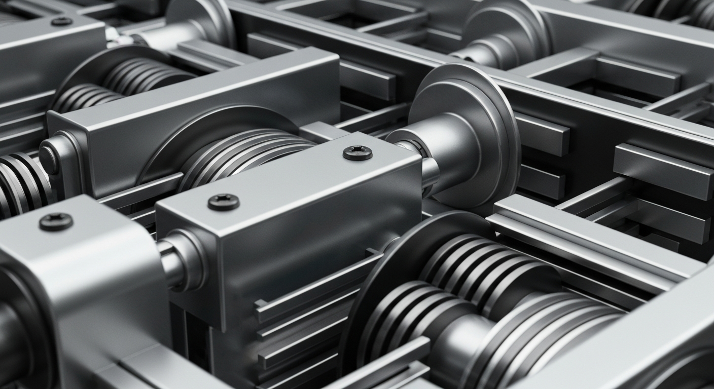 An extreme close-up of complex, metallic banking machinery in shades of silver, steel, and gunmetal grey, conceptually representing the institutional wealth and financial infrastructure underlying the healthcare technology industry.