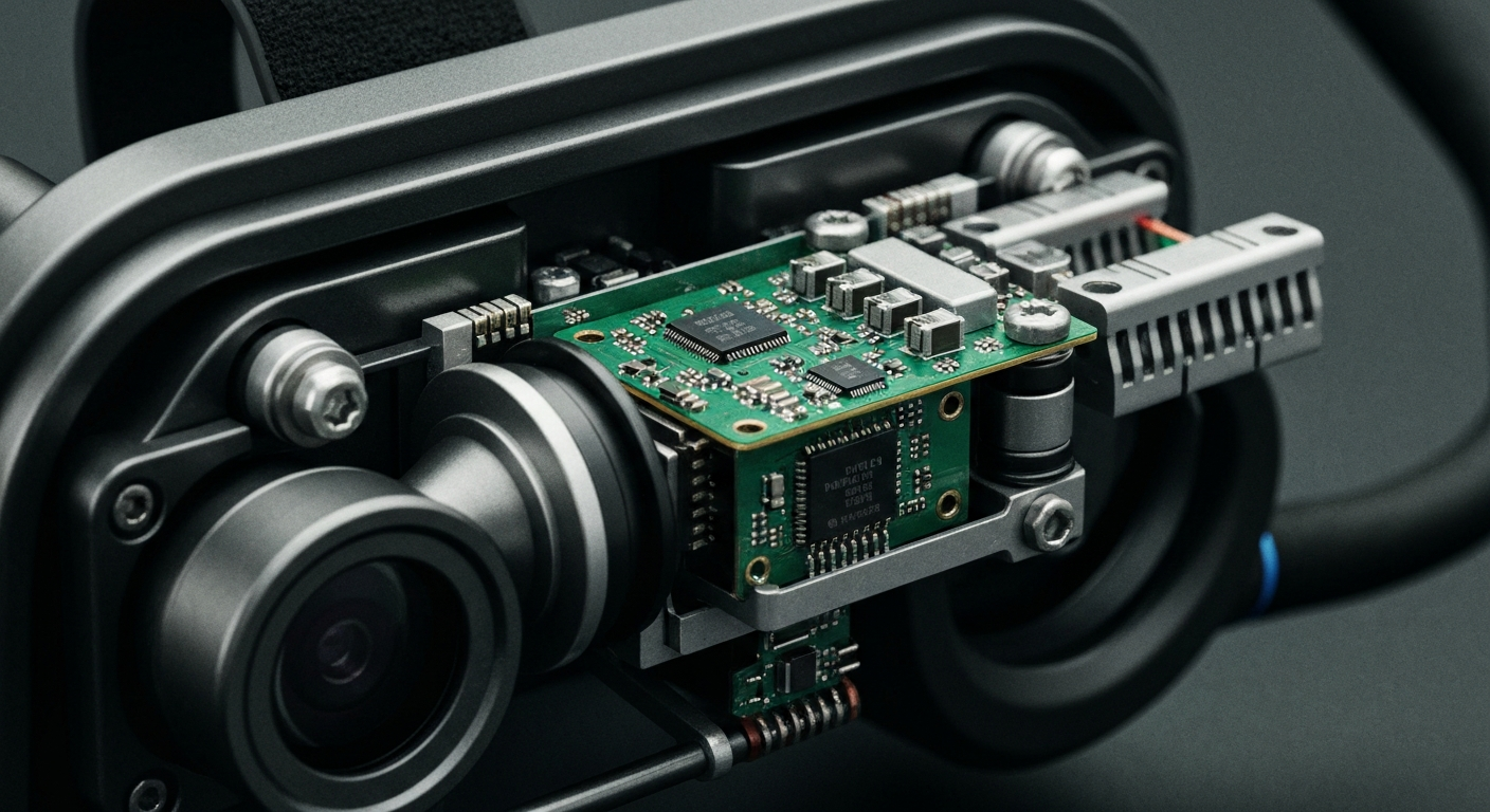 A dramatic, high-contrast close-up image of the intricate mechanical and electronic components inside a drone video goggle, conveying the complex engineering and innovation that powers Unusual Machines' products.