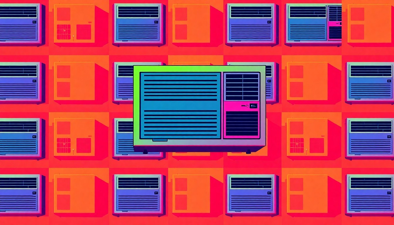 A highly stylized, repeating pattern of a window air conditioning unit rendered in a vibrant, neon color palette with heavy black outlines, conceptually representing the district's efforts to keep classrooms cool.