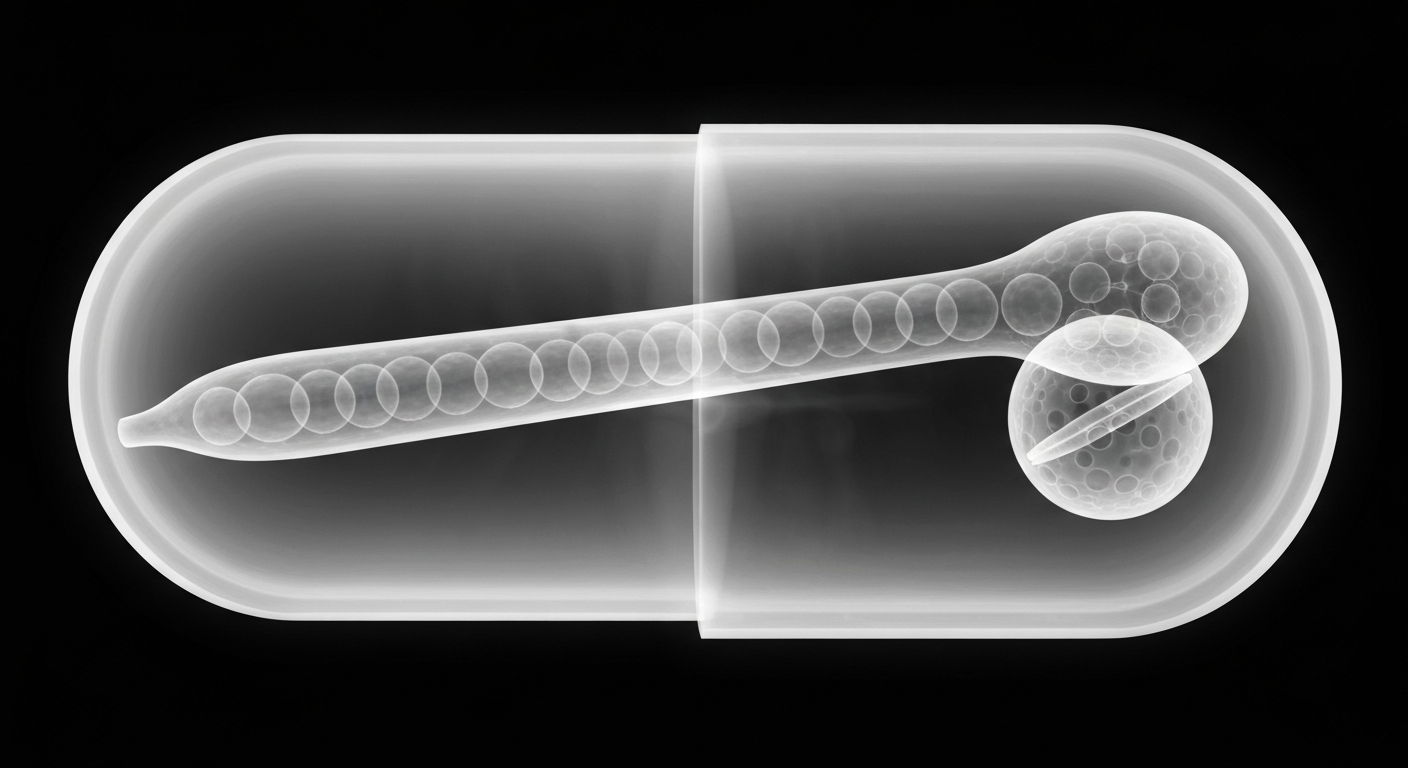 A ghostly, translucent X-ray photograph showing the internal structure of an opioid pill capsule, conceptually representing the advanced technology within the PF614-MPAR overdose-protection medication.