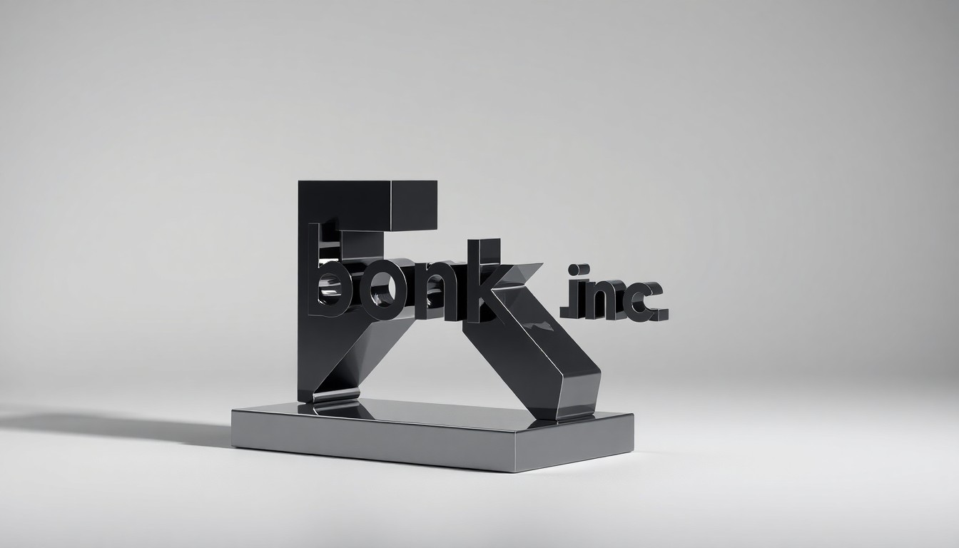 A minimalist, photorealistic studio still life featuring a polished, geometric metal sculpture in the shape of the Bonk, Inc. logo, lit dramatically to convey the abstract concepts of corporate strategy and market valuation.