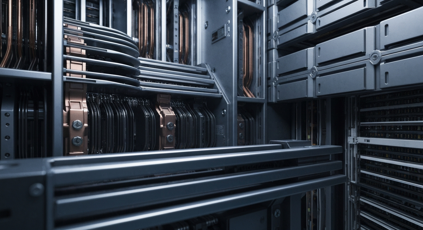 A highly detailed, cinematic close-up image of the complex mechanical components and circuits that make up a data storage system, conveying a sense of the industrial power and infrastructure behind modern digital technology.