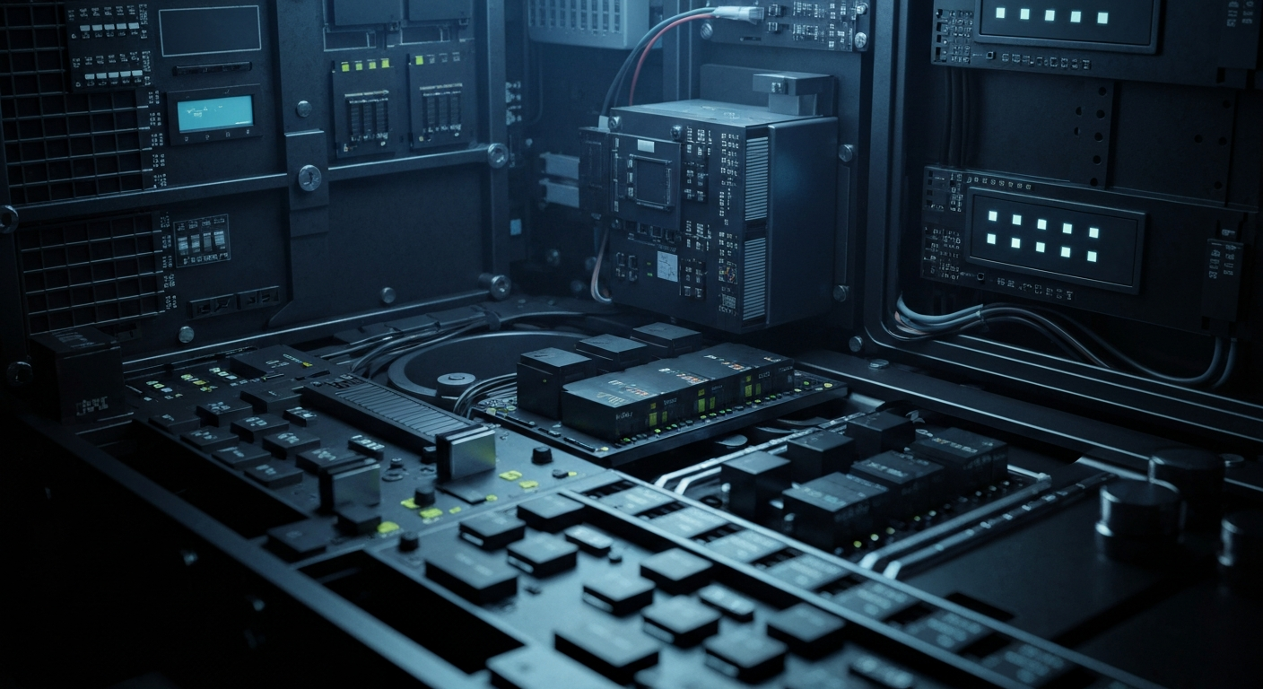 An extreme close-up of the intricate, industrial-grade hardware and circuitry that powers a cybersecurity operations center, conveying the complex, high-stakes nature of modern digital security.