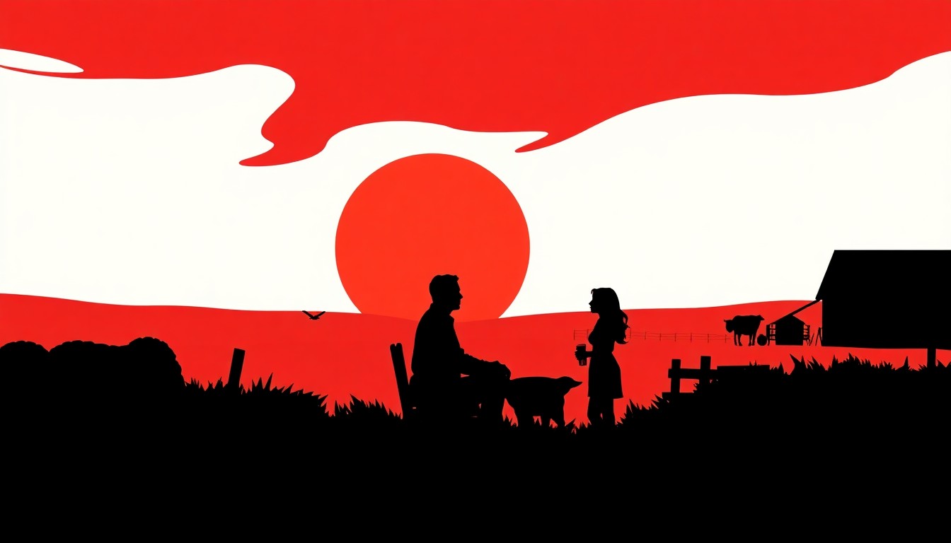 An abstract illustration using bold, jagged black silhouettes and high-contrast solid colors like red and white, conceptually representing the drama and romance of a reality dating show set in a rural farming community.