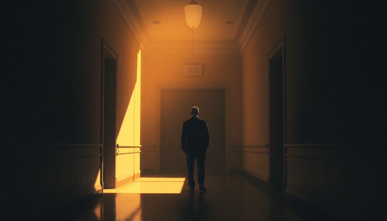 A solitary figure stands alone in a dimly lit government hallway, the warm light casting deep shadows and creating a sense of isolation and contemplation.