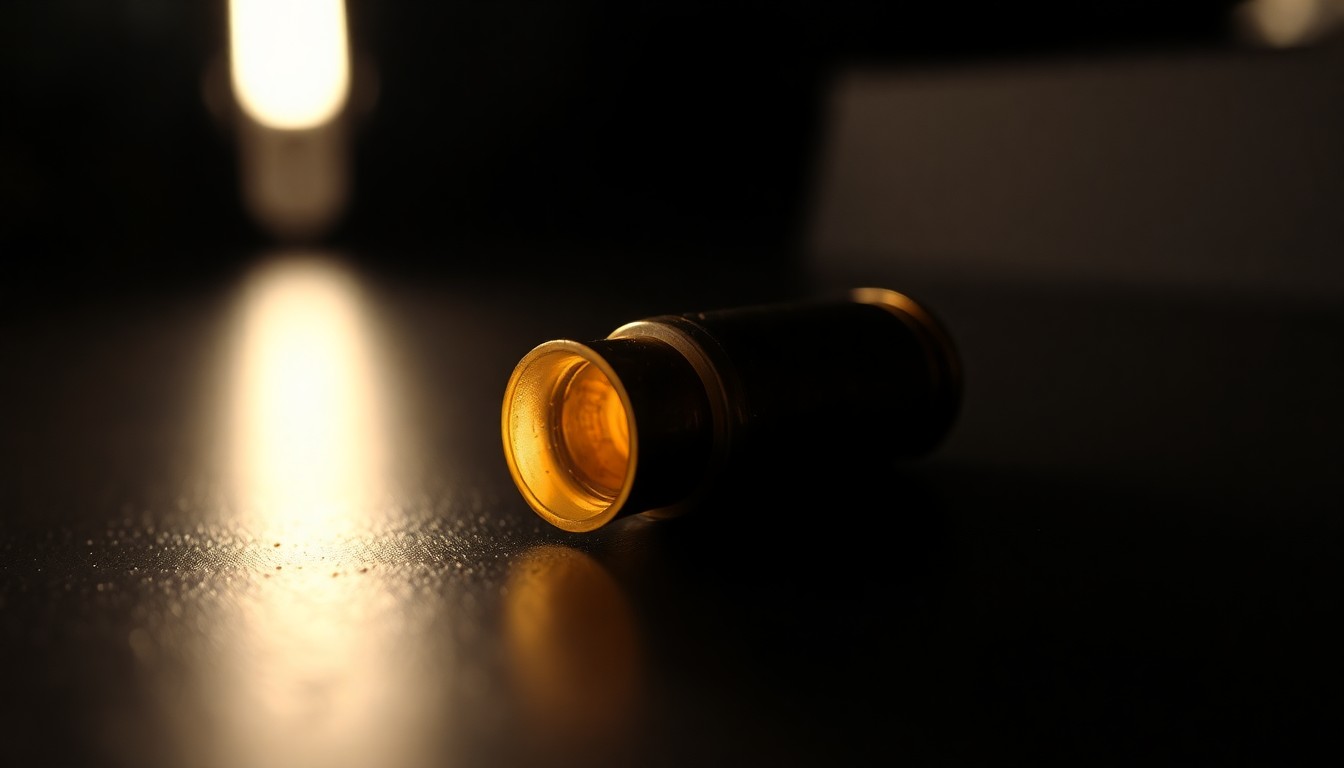An extreme close-up photograph of a spent bullet casing on a dark surface, conceptually representing the aftermath of a shooting incident.