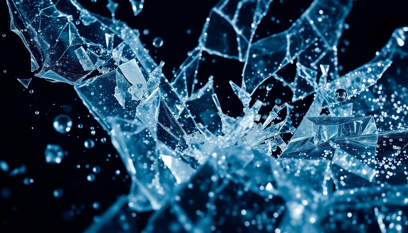 An extreme close-up of shattered glass and glittering sequins in dramatic, high-contrast studio lighting, conceptually representing the emotional intensity and narrative twists of a soap opera storyline.