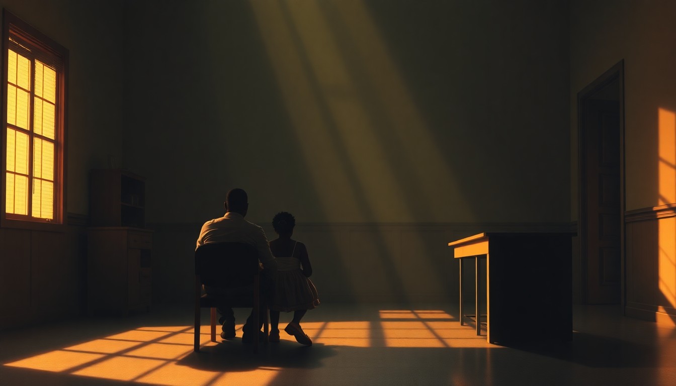 A cinematic painting depicting a Haitian immigrant family sitting alone in a dimly lit government office, with warm sunlight and deep shadows creating a pensive, melancholy mood.