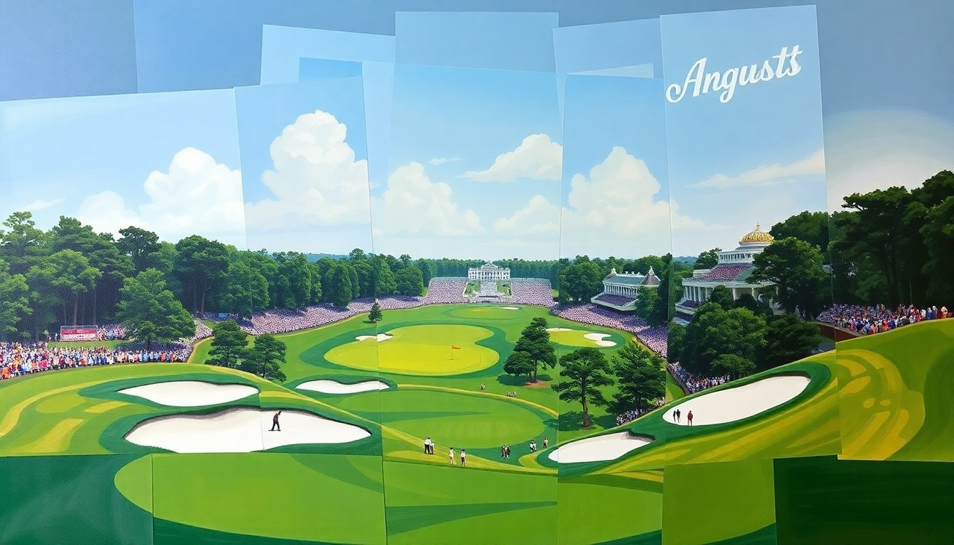 A cubist, geometric painting depicting the iconic Augusta National golf course, with its lush fairways, sand traps, and grandstands broken down into overlapping planes of color and shape.