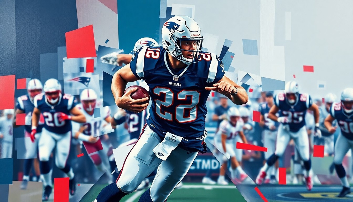 A fractured, geometric painting depicting the explosive movements of a football player rushing the passer, with sharp planes of navy blue, red, and white representing the New England Patriots' defensive scheme.