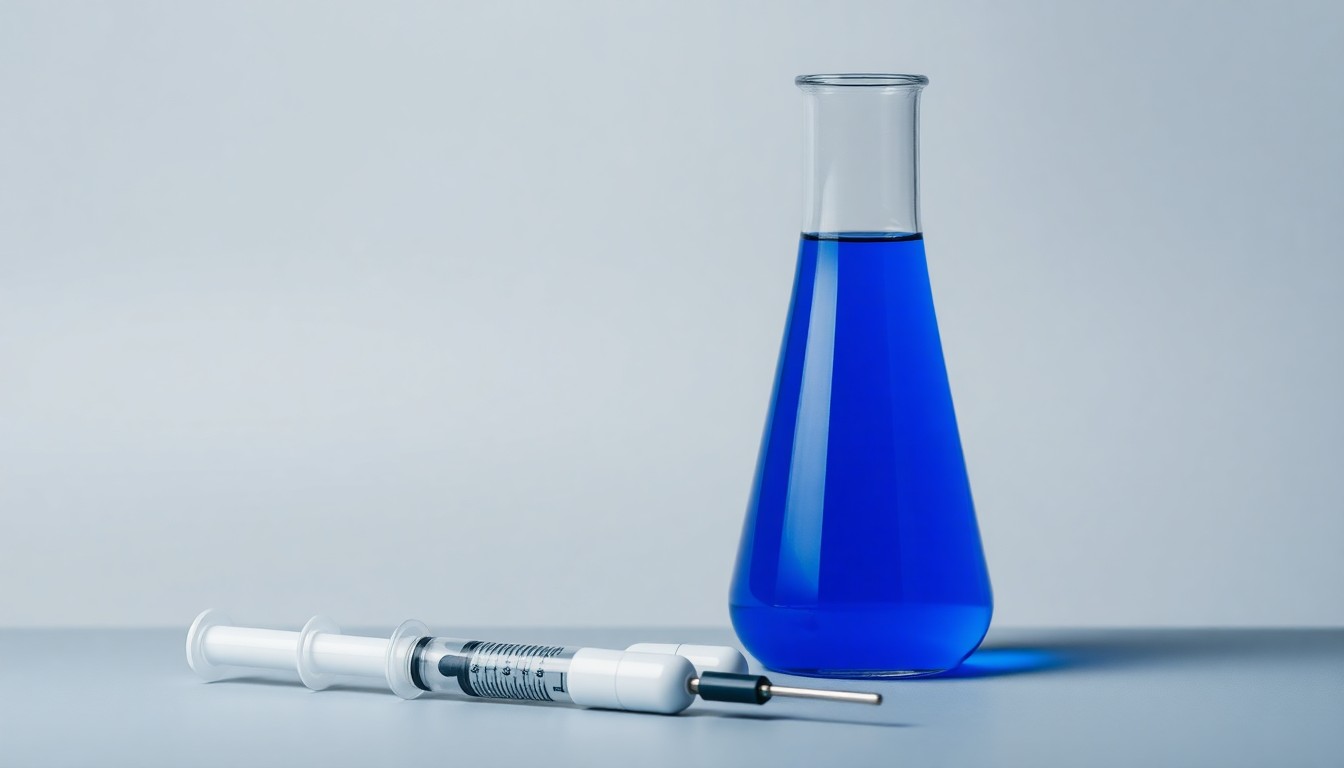 A minimalist, high-end studio still life photograph featuring a glass beaker, a white medical pill capsule, and a sleek metal syringe arranged elegantly against a clean, monochromatic grey background, conceptually representing the precision and innovation of the pharmaceutical industry.