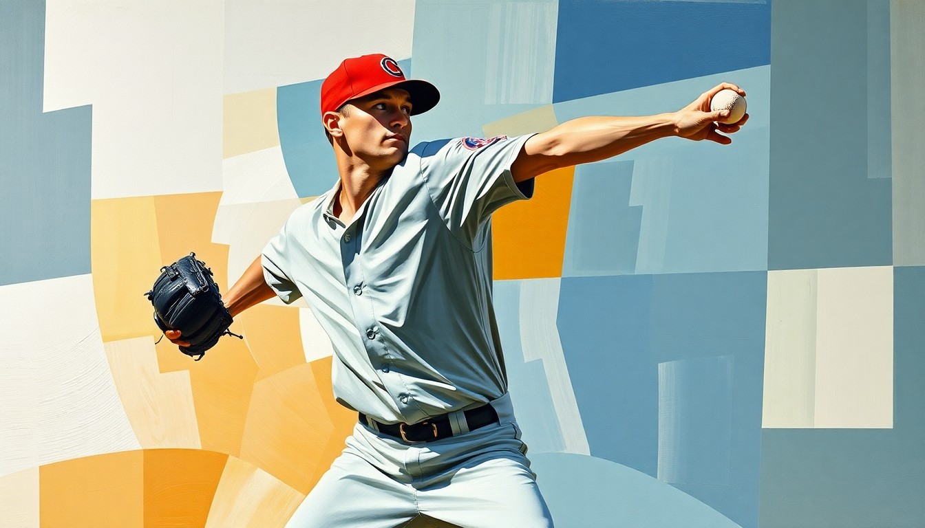 A fragmented, geometric painting depicting the motion of a baseball pitcher, with sharp planes of color and form representing the power and precision of the pitcher's delivery.
