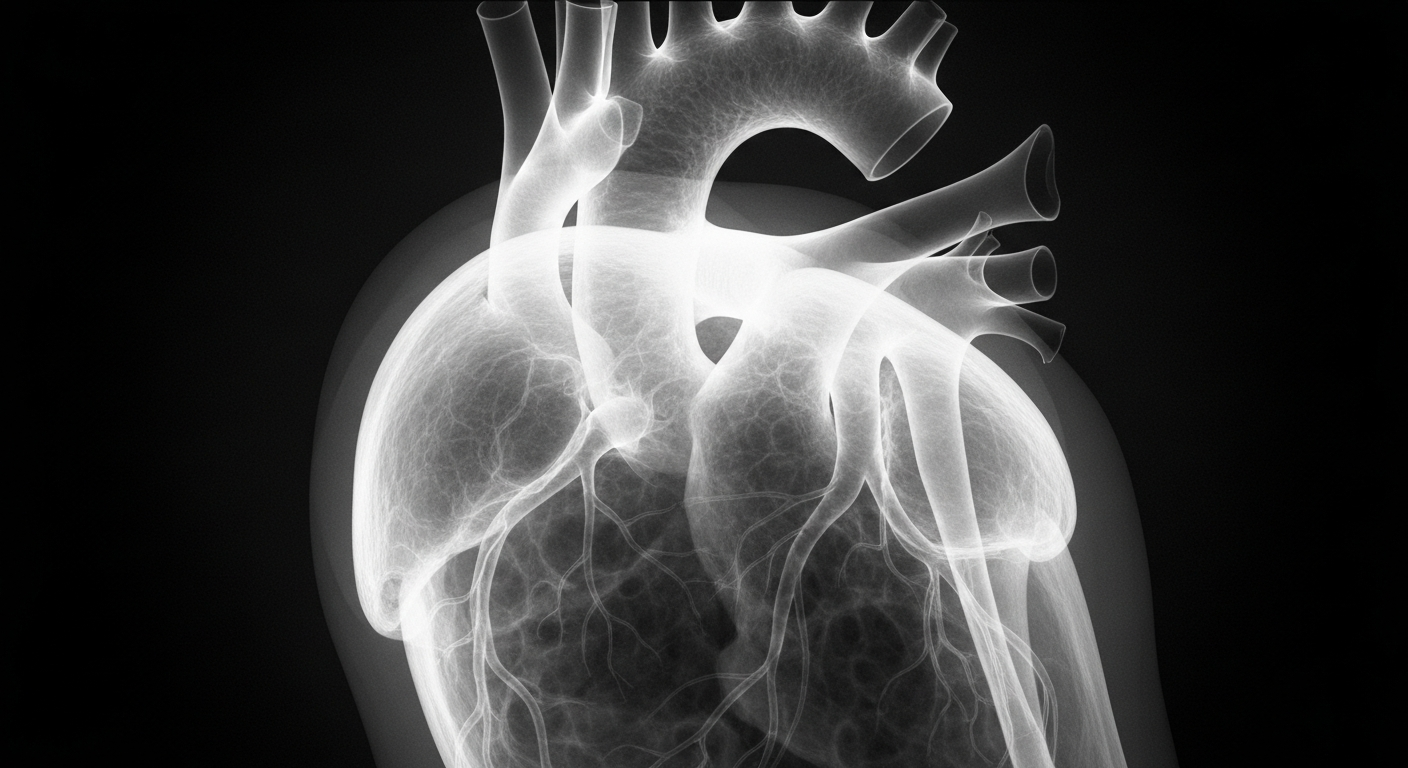 A ghostly, translucent X-ray-style image revealing the internal structure of a human heart and blood vessels in glowing, ethereal lines against a dark background, conceptually representing the cardiovascular health implications of switching HIV medications.
