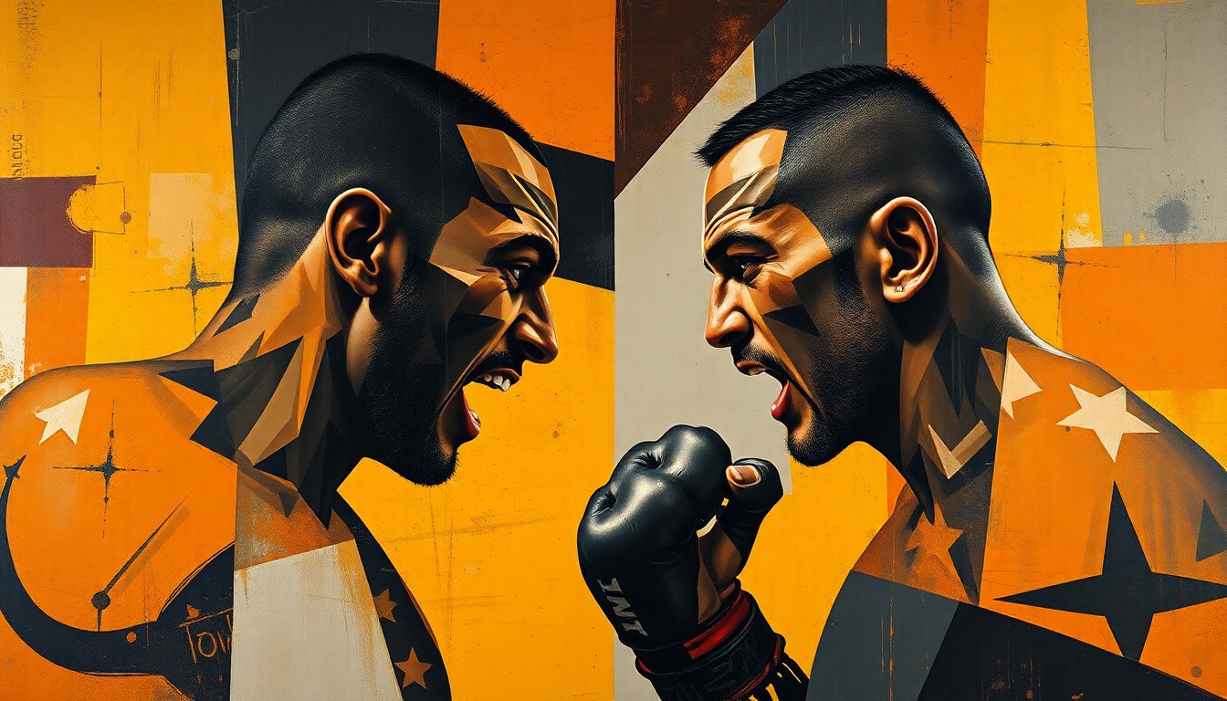 A fractured, cubist-style painting depicting an intense MMA fight scene, with the combatants' forms broken down into geometric shapes and planes in earthy tones, conveying the raw power and tension of the matchup.