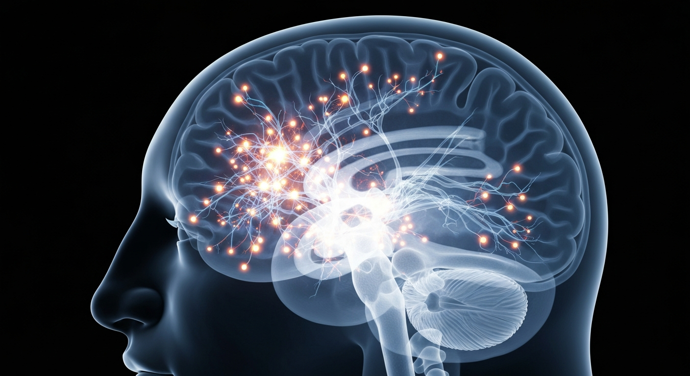 A highly detailed, translucent X-ray-style photograph revealing the intricate structure of the human brain, with glowing neural pathways and synapses, conceptually representing the complex neurological mechanisms underlying Dravet syndrome.