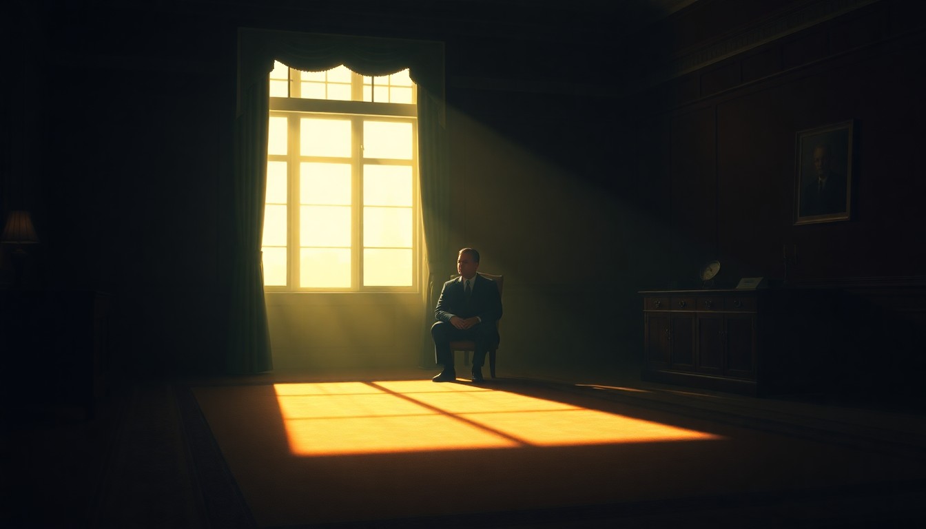 A dimly lit, cinematic painting of a lone political figure sitting at a desk in a government office, the scene bathed in warm, diagonal sunlight and deep shadows, conceptually representing the fragile diplomatic process between the US and Iran.