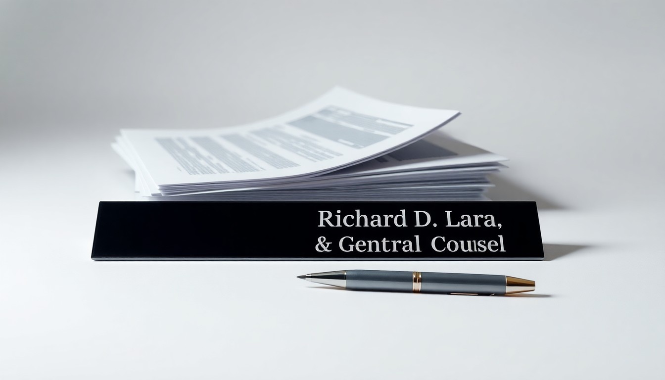 A photorealistic studio still life featuring a stack of legal documents, a pen, and a nameplate with the text 'Richard D. Lara, COO & General Counsel' on a clean, monochromatic background, conceptually representing the executive's dual role in driving corporate strategy and ensuring legal oversight.