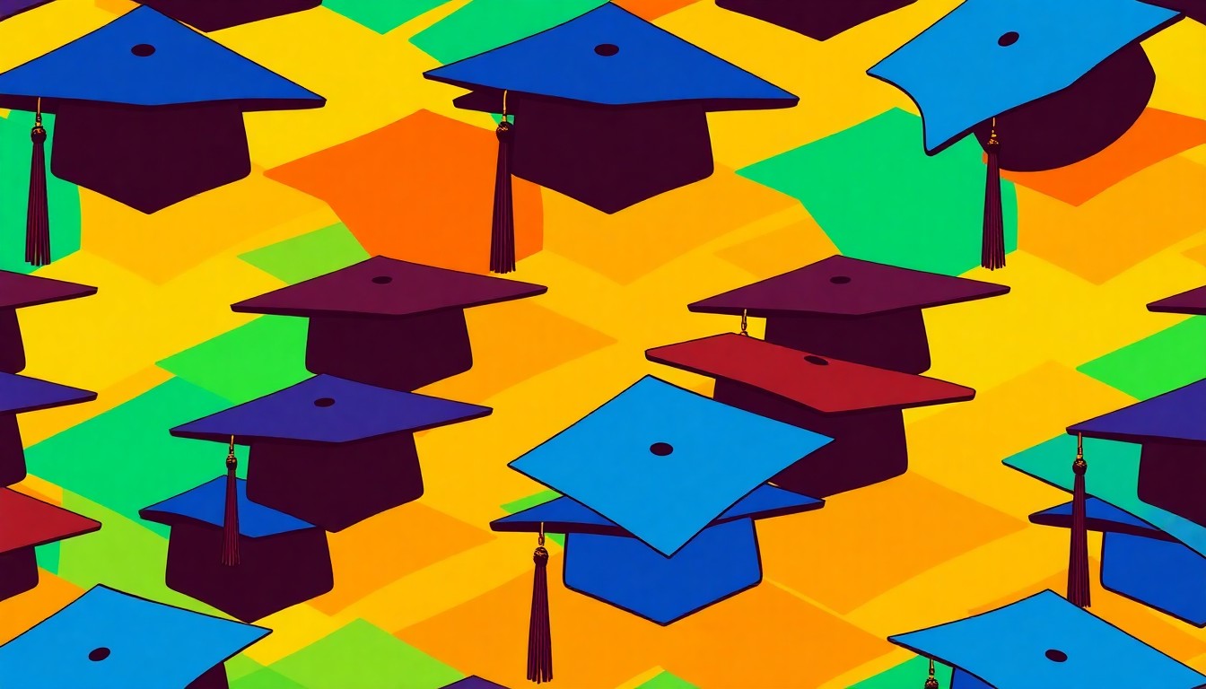A grid of brightly colored, stylized graduation caps in shades of blue, green, and orange, conceptually representing the city's draw for young professionals.