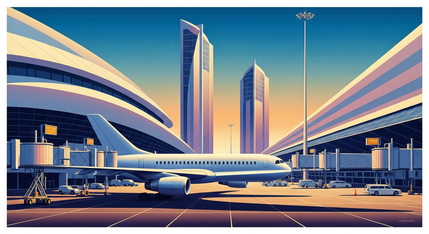 A highly stylized, geometric illustration depicting the grand scale and streamlined design of an international airport terminal, conveying the excitement and momentum of expanding global air travel connections.