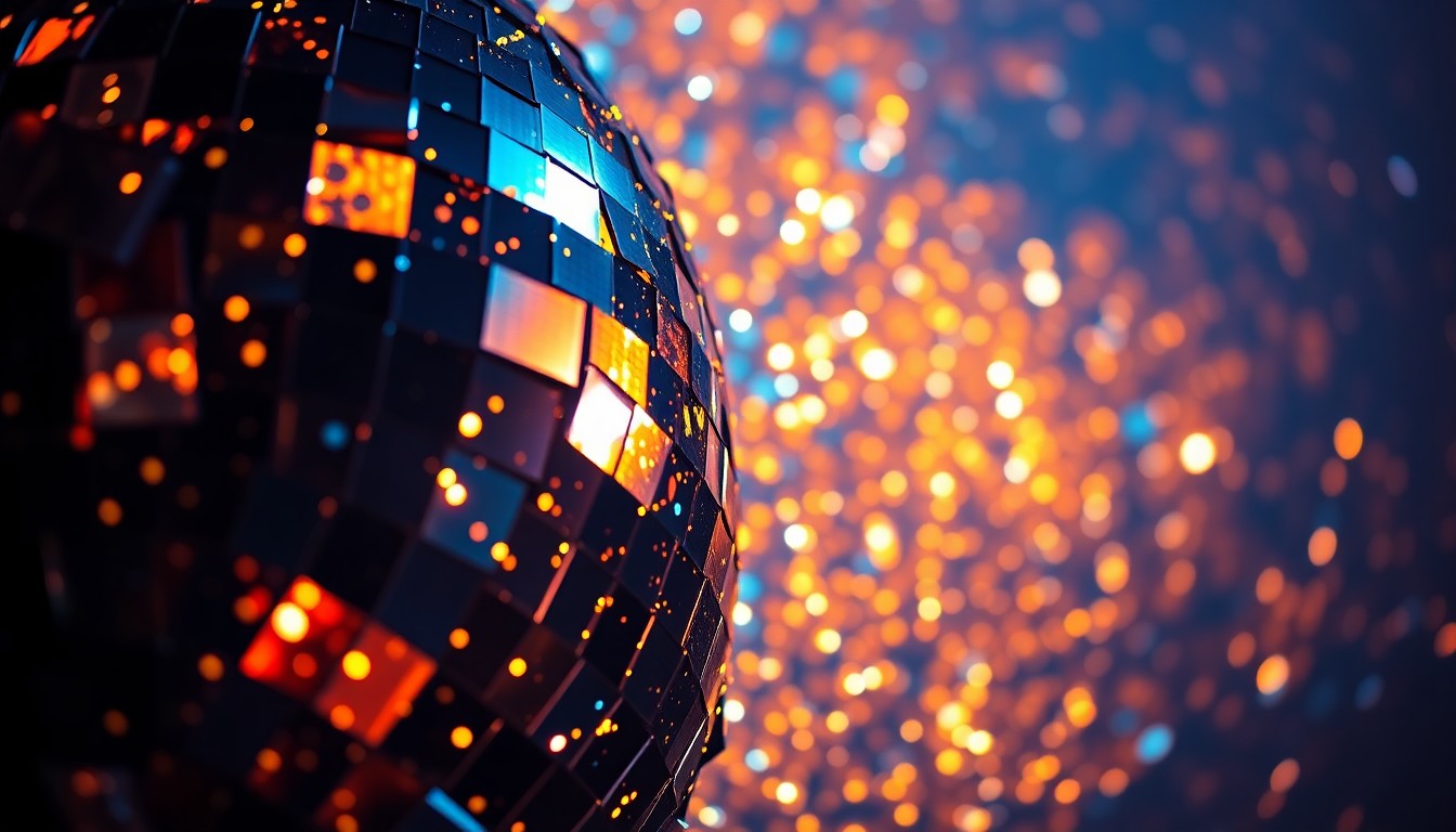 An extreme close-up photograph of shattered disco ball fragments reflecting bright, colorful lights, conveying the vibrant, high-energy atmosphere of a major pop music performance.