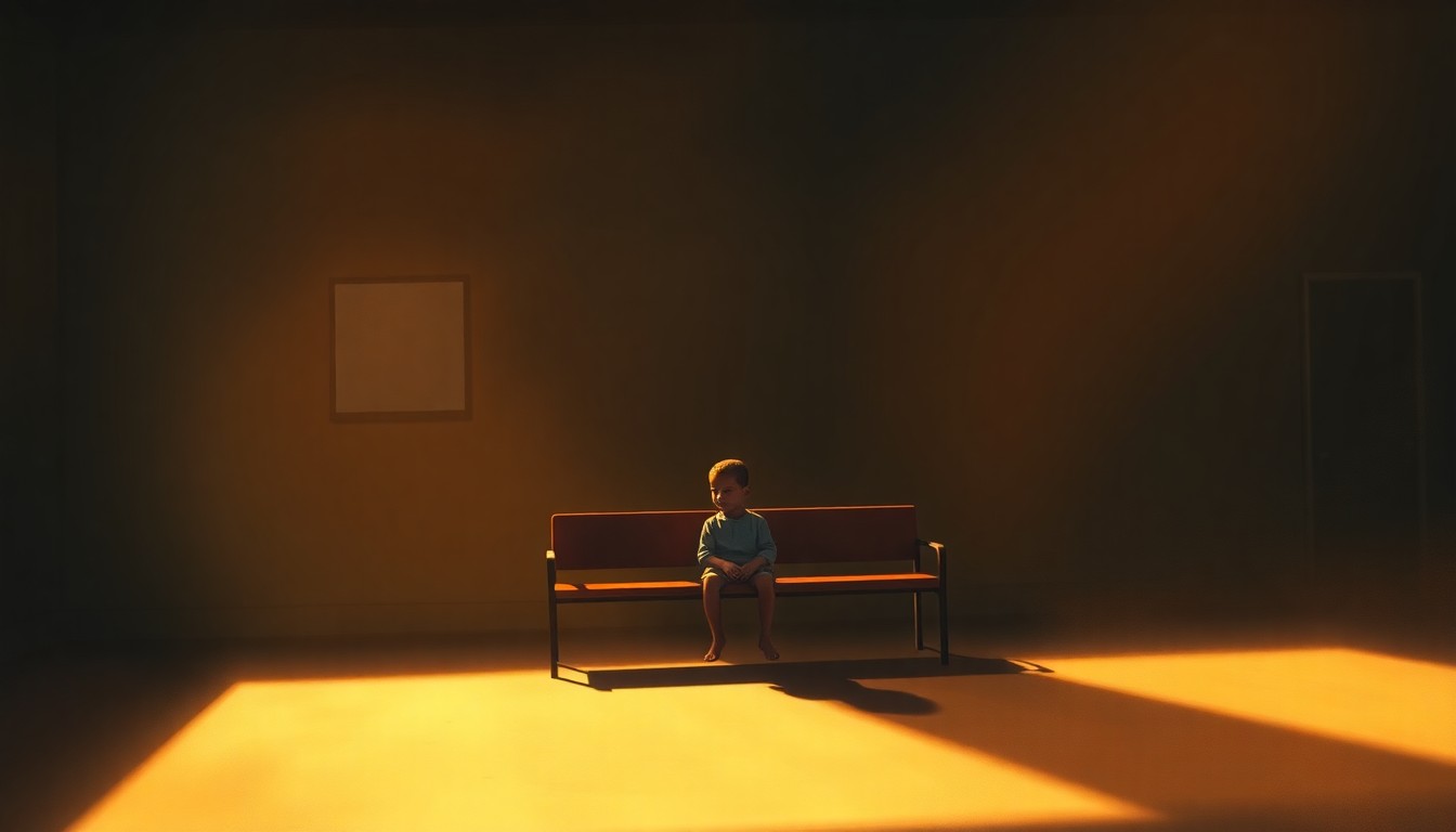 A somber, realistic painting depicting a lone migrant child sitting on a bench in a government office, the space filled with warm light and deep shadows, conveying a sense of isolation and uncertainty.