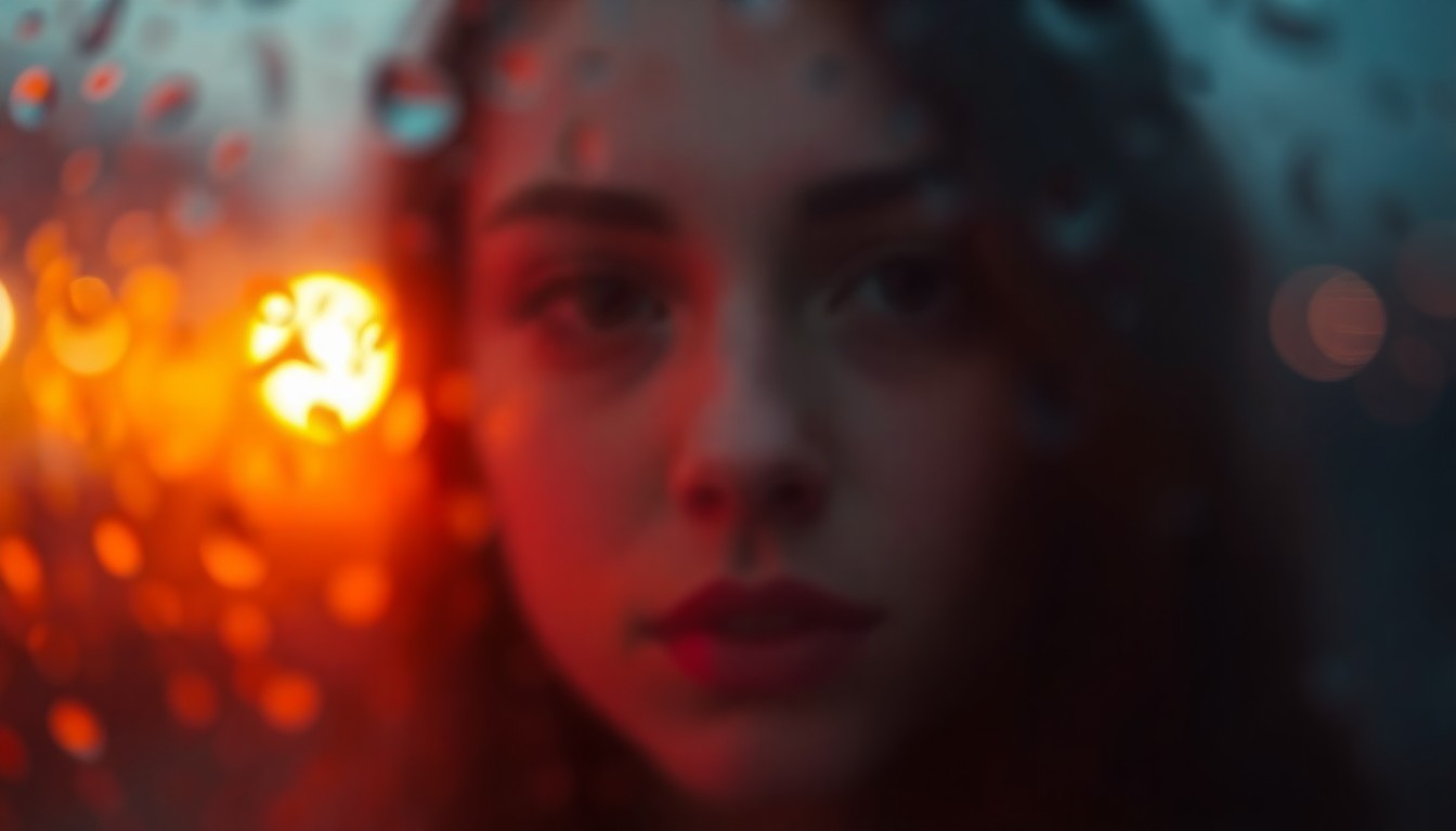 An extremely abstracted, out-of-focus photograph of a person's face partially obscured by condensation or rain-streaked glass, composed entirely of soft pools of warm color and light, conceptually representing the mental health struggles of social media influencers.