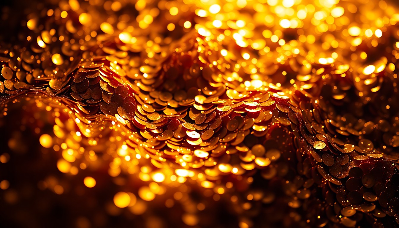 An extreme close-up of shimmering gold sequins, reflecting dramatic studio lighting to create a luxurious, high-fashion aesthetic.