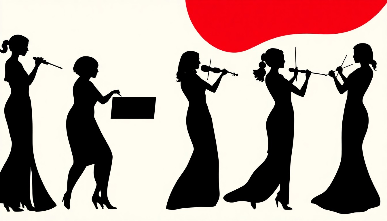 An abstract, minimalist illustration featuring bold black silhouettes of musicians' instruments against a vibrant red background, conceptually representing the enduring legacy of the Cleveland Women's Orchestra.