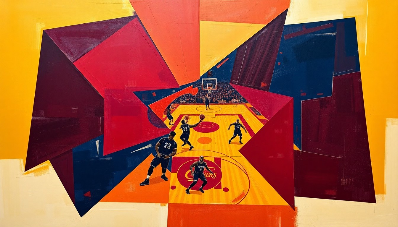 A cubist, geometric painting depicting a basketball game in motion, with the players and court broken down into sharp, overlapping planes of wine red, gold, and navy blue, capturing the energy and dynamics of the sport.