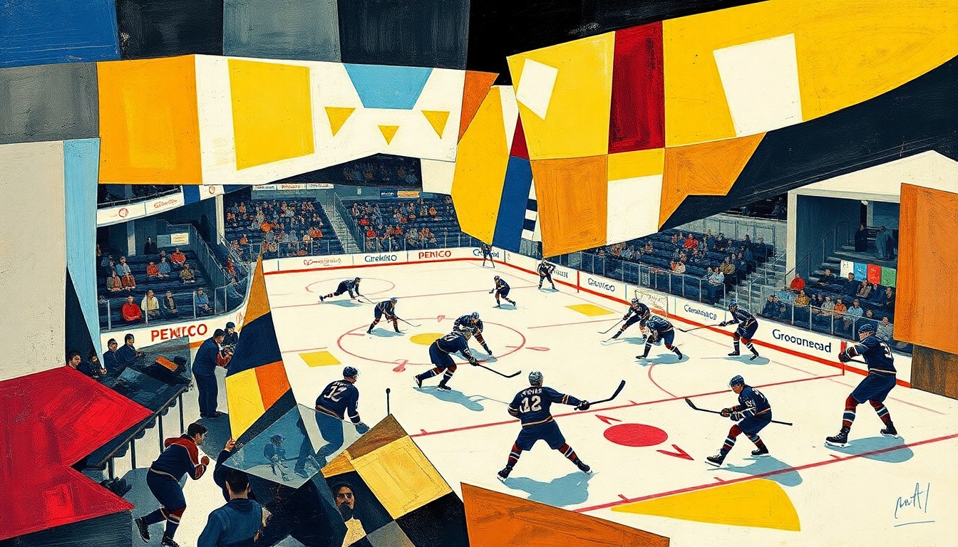 A cubist, geometric illustration depicting the chaotic action of a hockey game, with players and the puck fragmented into sharp, overlapping shapes and planes of color.