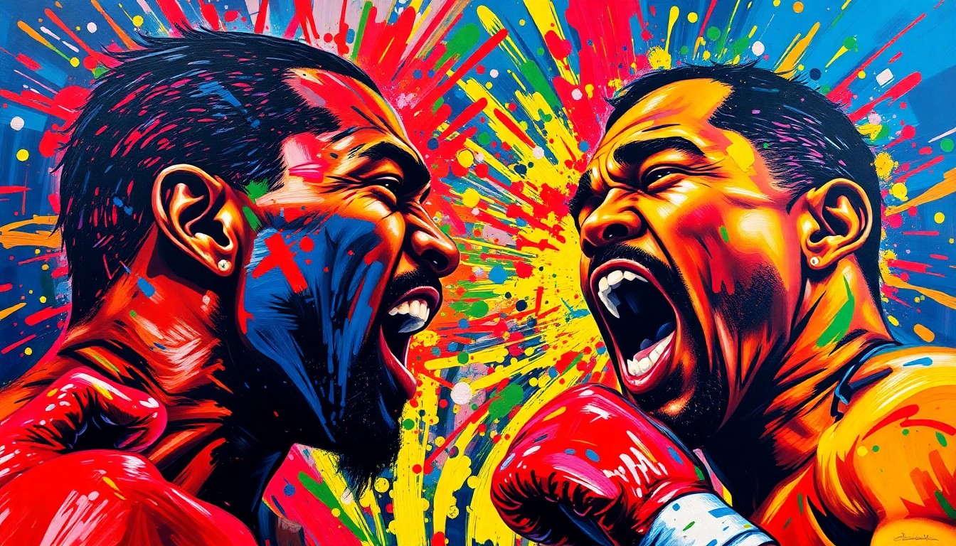 An abstract, expressionist painting in vibrant neon colors, with rapid brushstrokes and distorted figures, capturing the chaotic energy of a confrontation between two public figures.
