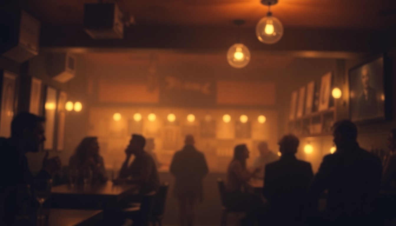 An abstract, impressionistic photograph depicting the interior of a dimly lit bar, with blurred shapes and silhouettes of people enjoying drinks, conveying a sense of warmth, community, and nostalgia.