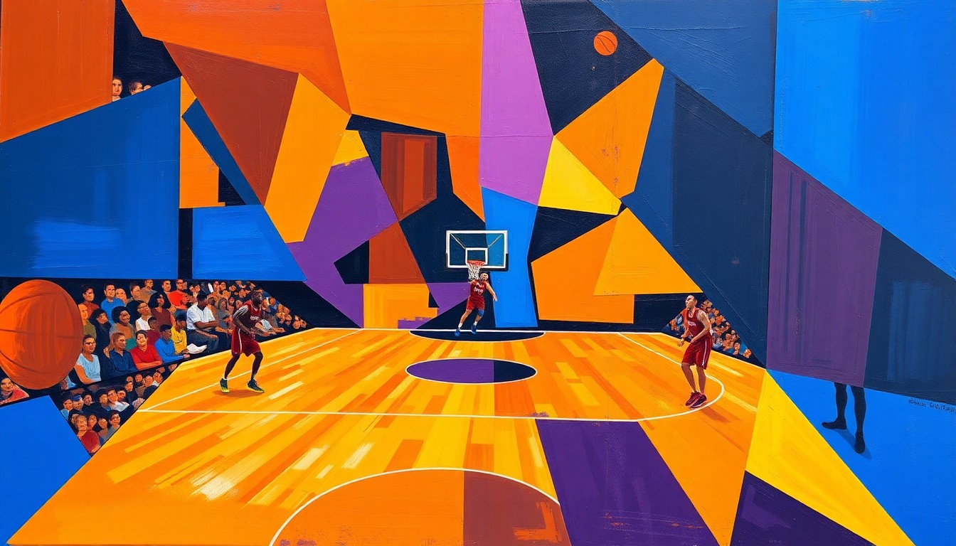 A cubist, geometric painting depicting a fragmented basketball court, with players and the ball broken down into sharp, overlapping shapes in a vibrant color palette, conceptually representing the challenges faced by the Charlotte Hornets organization.