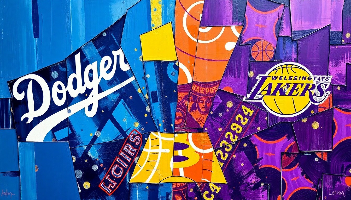 A fractured, cubist-style painting depicting a sports competition between the Dodgers and Lakers, with the players and field broken down into sharp, overlapping geometric shapes and planes in vibrant blue, purple, and gold tones.