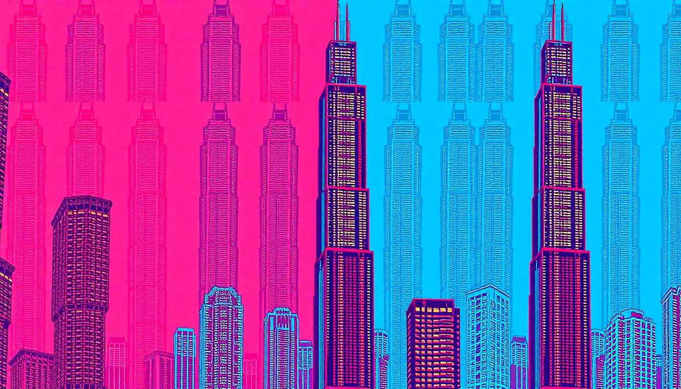 A brightly colored, high-contrast silkscreen print of the Aqua Tower skyscraper repeated in a tight grid pattern, capturing the iconic building's modern design in a vibrant pop art style.
