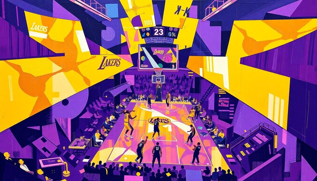 A fragmented, cubist-style painting depicting a Lakers basketball game, with sharp geometric shapes and planes in the team's official colors of purple and gold, capturing the dynamic energy and shifting momentum of the team's late-season turnaround.