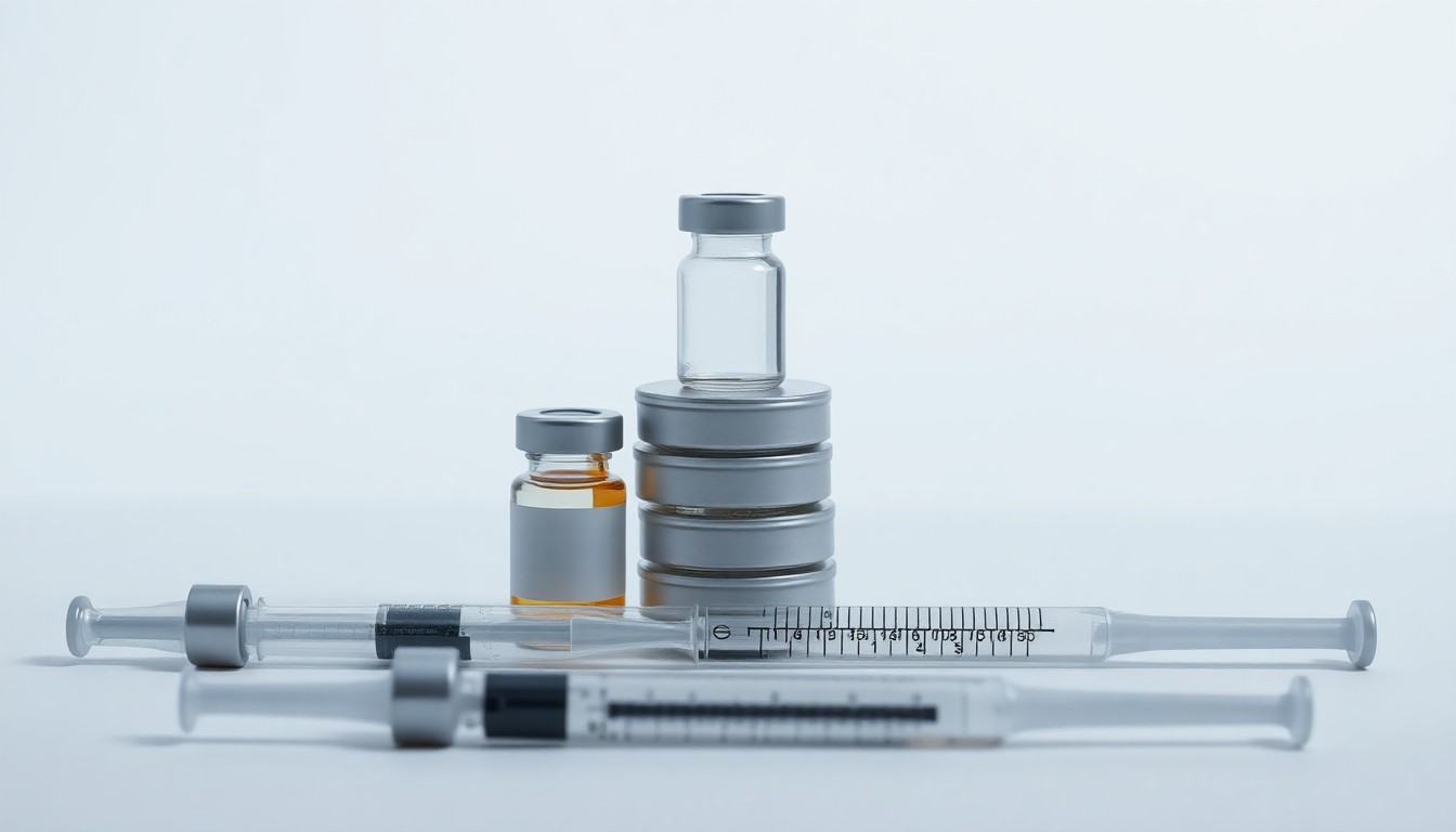 A photorealistic studio still life featuring a stack of medical vials and syringes, conveying the concept of a new pharmaceutical treatment for chronic hepatitis B.