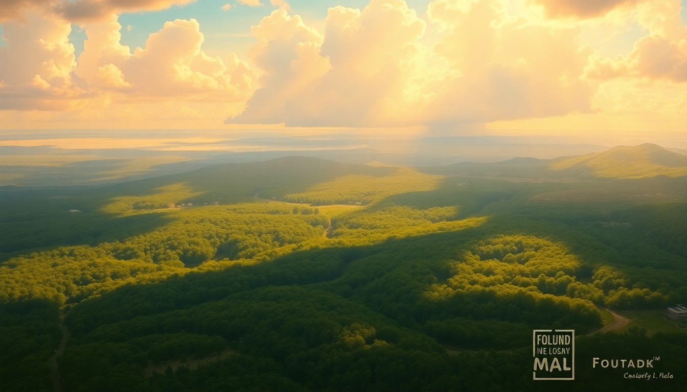 A sweeping, atmospheric landscape painting in muted greens, blues, and golds, depicting the vast, natural beauty of Central Florida under a bright, sunny sky.