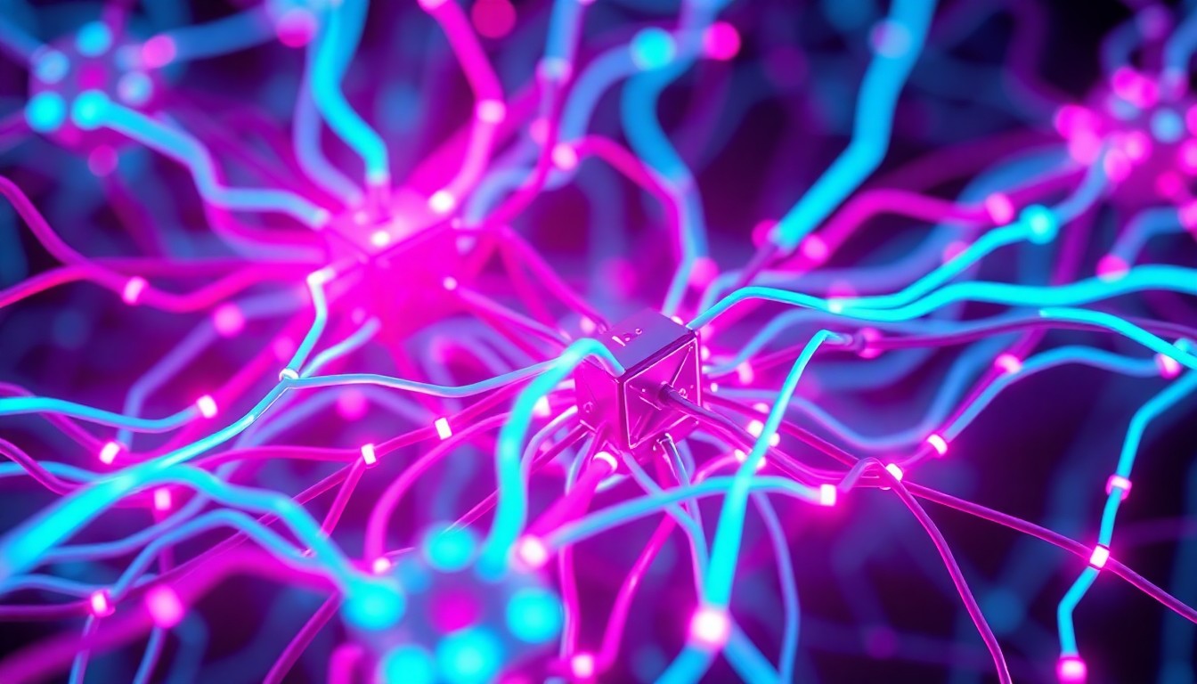 A highly detailed, glowing 3D illustration of a complex AI neural network infrastructure, with intricate hardware components illuminated by vibrant neon lights, conceptually representing the technological backbone powering OpenAI's business-focused AI offerings.