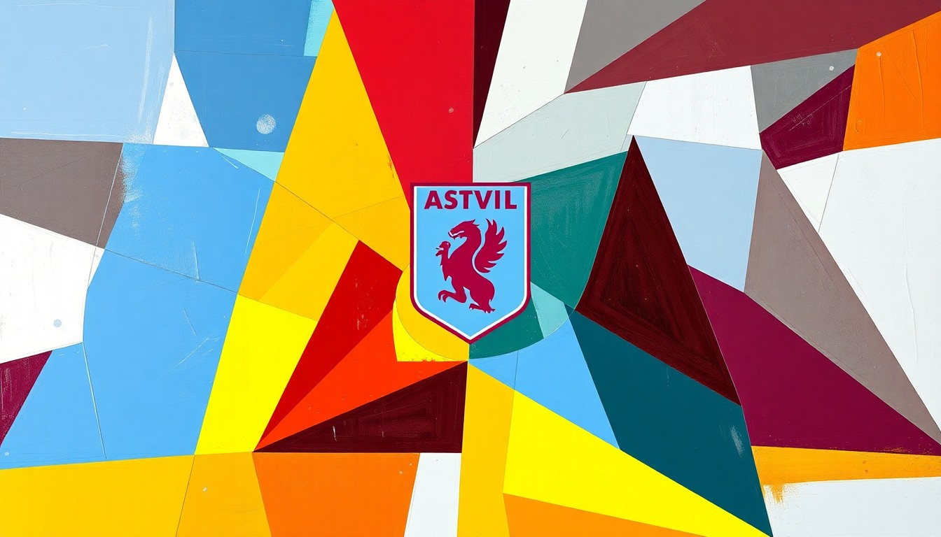 A fragmented, cubist-style painting depicting the Aston Villa vs. Bologna Europa League quarterfinal match, with the players and field broken down into overlapping geometric shapes and planes in the teams' official colors.