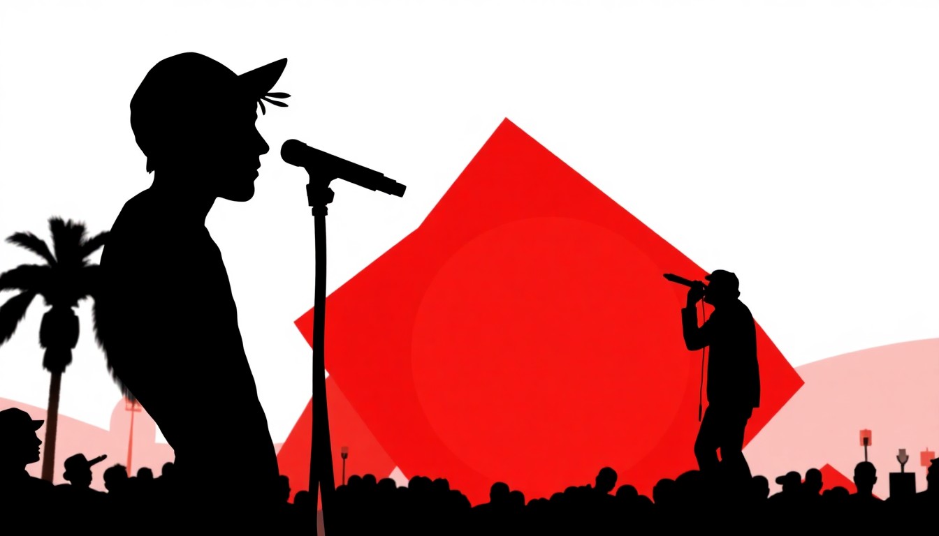 An abstract, minimalist illustration featuring stark, jagged geometric shapes in bold red and white, conceptually representing the contrast between Justin Bieber's lackluster karaoke performance and the elaborate productions of other Coachella artists.