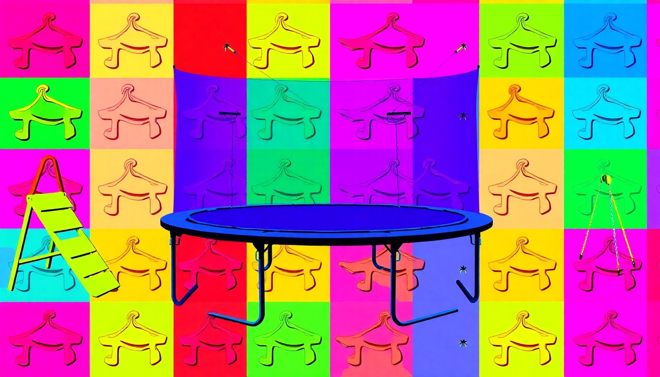 A bold, graphic illustration of a trampoline repeated in a vibrant neon color grid, capturing the playful energy of Walmart's outdoor toy sale.