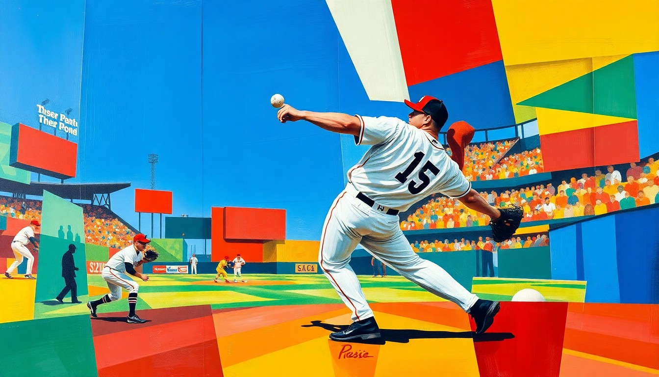 A fragmented, geometric painting depicting a baseball pitcher's motion, with sharp planes of color and overlapping perspectives, conceptually representing the defensive challenges posed by an unconventional pitching style.