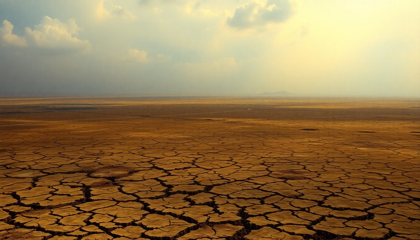 A vast, atmospheric landscape painting in muted earth tones, depicting a cracked, dry ground under an overcast, hazy sky, conveying a sense of the overwhelming scale and melancholy power of Idaho's drought conditions.