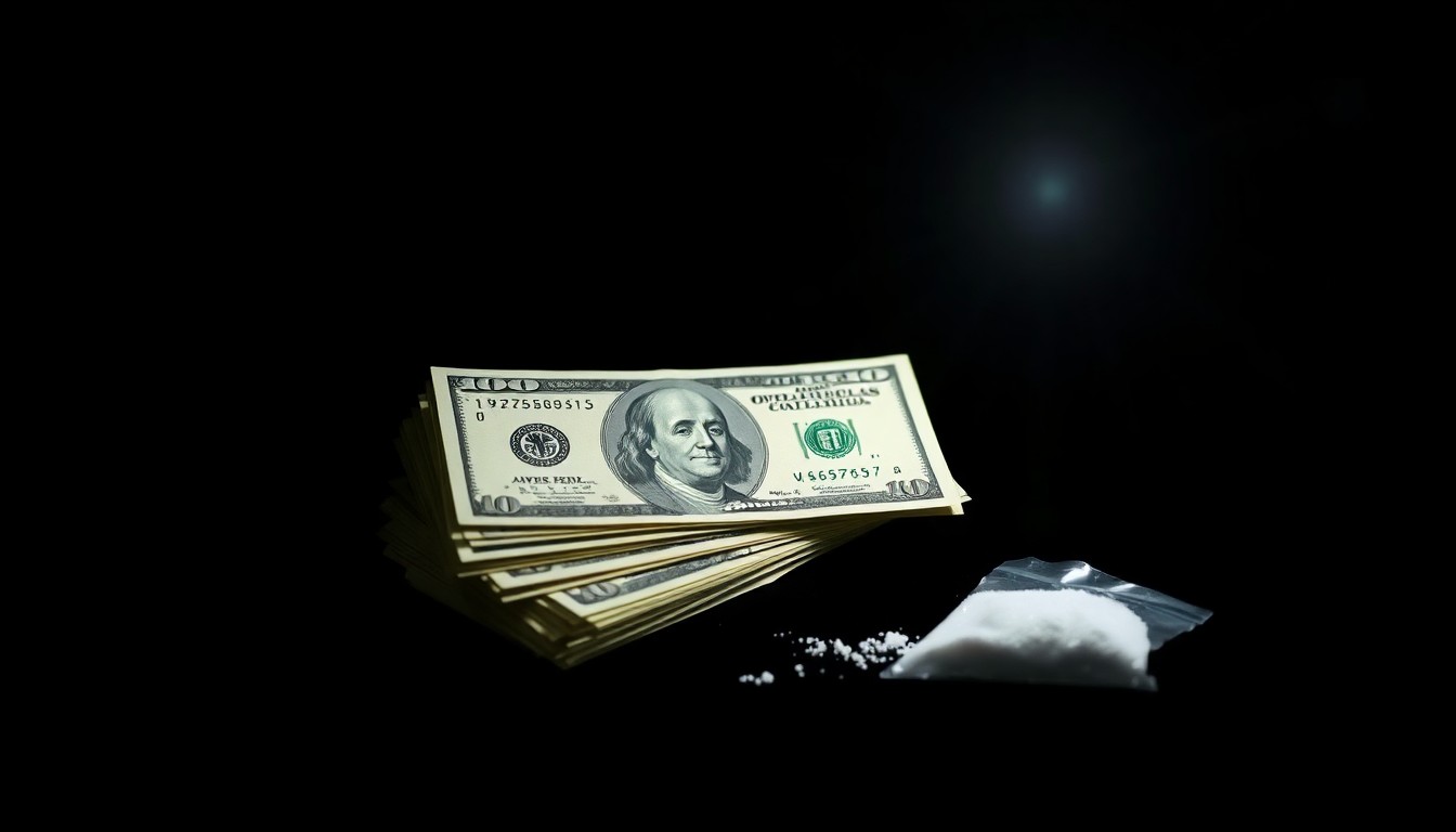 An extreme close-up photograph of a bundle of U.S. dollar bills and a small plastic bag containing white powder, lit by a harsh, direct camera flash against a pitch-black background, conceptually illustrating the physical evidence of a major drug trafficking operation.