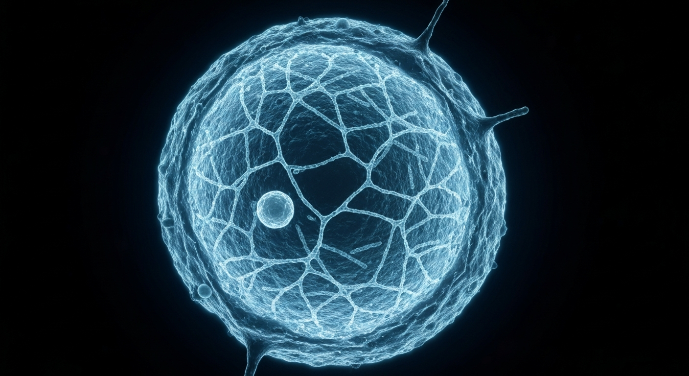 An abstract, ghostly X-ray image revealing the intricate internal structure of a cancer cell, conceptually representing the advanced genomic analysis capabilities that will be applied through the Mount Sinai and SOPHiA GENETICS collaboration.