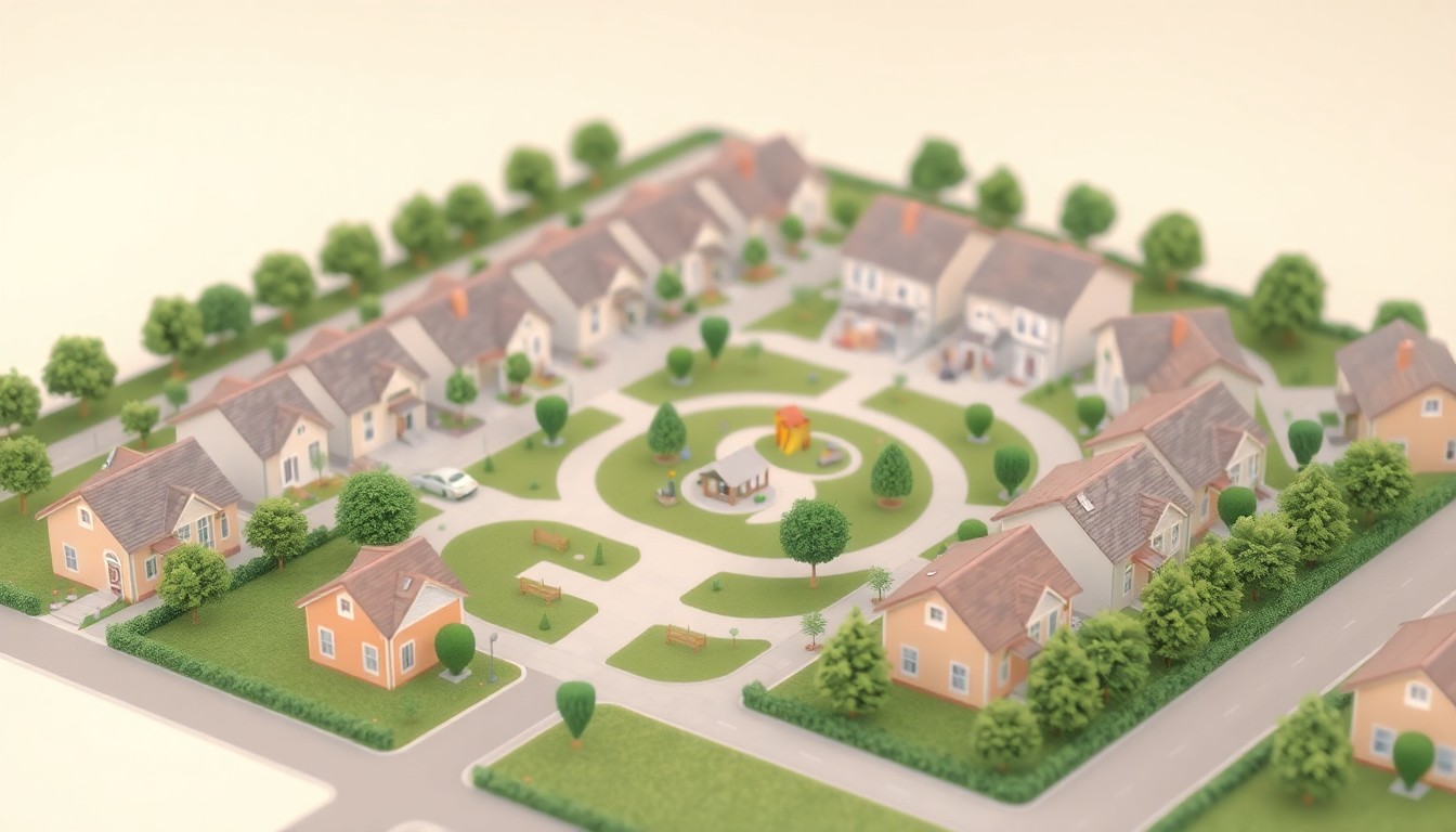 A miniature, stylized 3D digital illustration depicting a modern residential neighborhood with rows of single-family homes, a central community park with a playground, and lush green landscaping, conveying the warm, inviting atmosphere of the new Sherman Heights development.