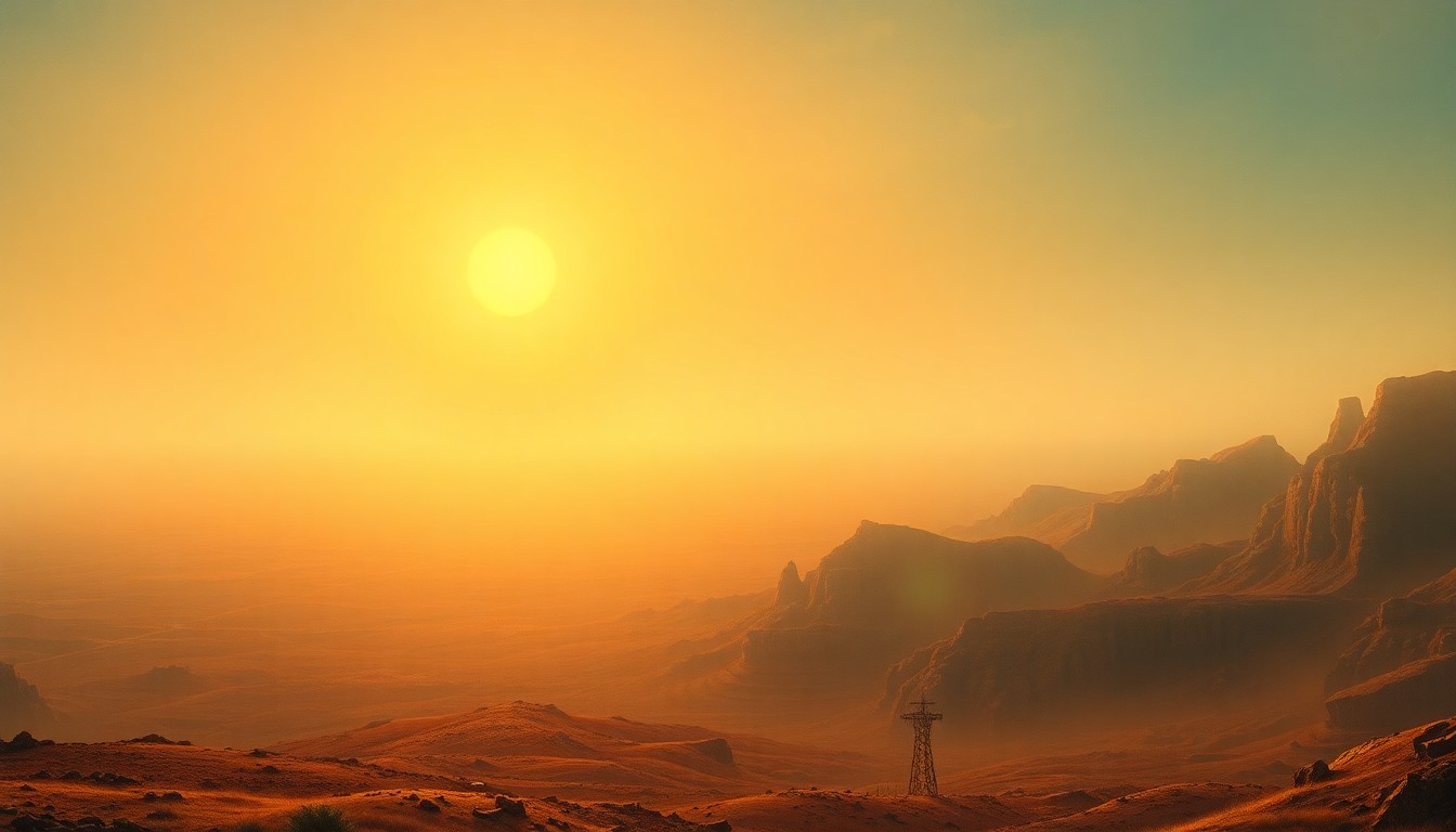 A sweeping, atmospheric landscape painting in muted tones of orange, yellow, and grey, depicting a vast, hazy horizon under a blazing sun that dwarfs any visible structures or objects, conveying the overwhelming, sublime scale of an impending heat wave.